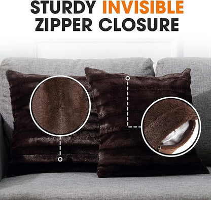 Cheer Collection Faux Fur Throw Pillows - Decorative Pillows for Couch, Bed Throw Pillows, Chocolate Accent Pillows for Bedroom or Living Room Aesthetic, Set of 2 Furry Throw Pillows, 26" x 26"