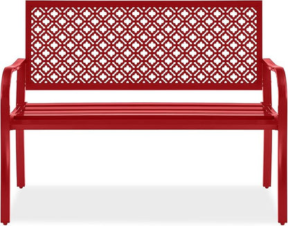 Best Choice Products Outdoor Bench 2-Person Metal Steel Benches Furniture for Garden, Patio, Porch, Entryway w/Geometric Backrest, 790lb Capacity - Rose Red