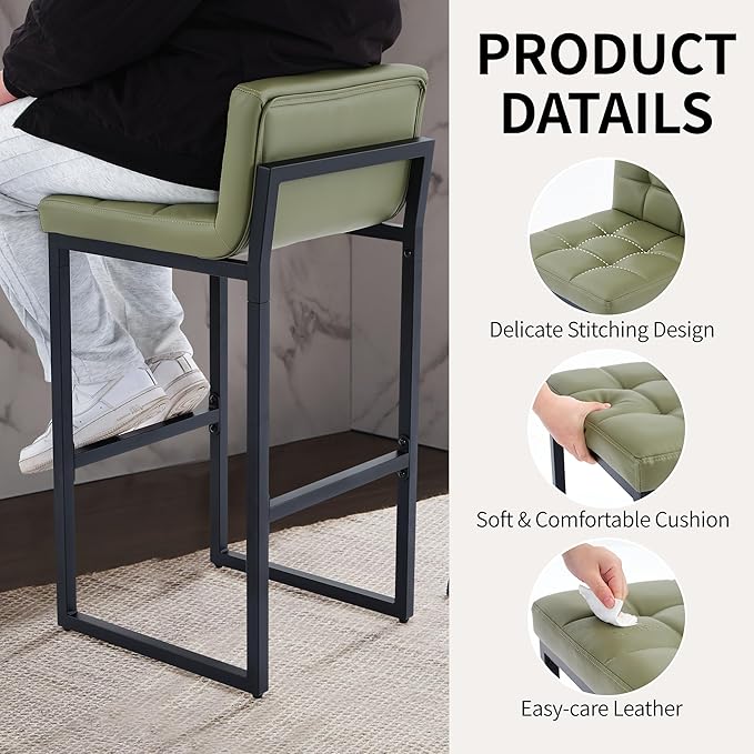 Set of 2 Bar Stools, Modern Counter Stool, Upholstered Faux Leather Barstools with Back, Comfortable 30-inch Seat Height Island Chairs for Kitchen Island (Avocado Green, 2Pcs 30" Bar Stools)