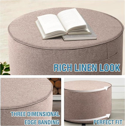 H.VERSAILTEX Ottoman Cover Round Thick Linen Look Ottoman Slipcover Round Ottoman Storage Cover Folding Stool Covers Furniture Protector Cover for Footrest Ottoman Fit Dia 36" - 38", Heather Taupe