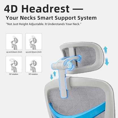 Ergonomic Home Office Desk Chair with Massage Lumbar Support，4D Headrest & 5D Armrests, Reclining Big and Tall 400LBS Mesh Chair with Footrest，Adjustable Back High and Seat Depth(Gray)