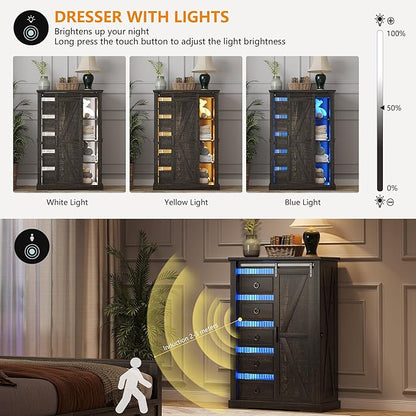 5 Drawers Dresser for Bedroom w/Sliding Barn Door, Farmhouse Wood Dresser with LED Lights, Chest of Drawers Tall Dressers for Bedroom, Living Room, Hallway, Kids Room, Brown