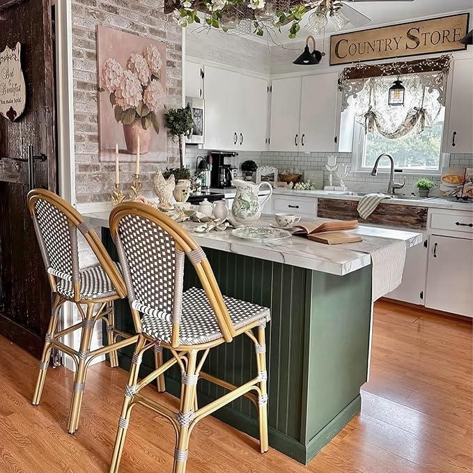 PURPLE LEAF French Counter Height Bar Stool Set of 2 25" Bamboo Print Finish Patio Bar Chairs with Back Rattan Bar Chairs French Bistro Set for Kitchen Outdoor Counter Stool Grey