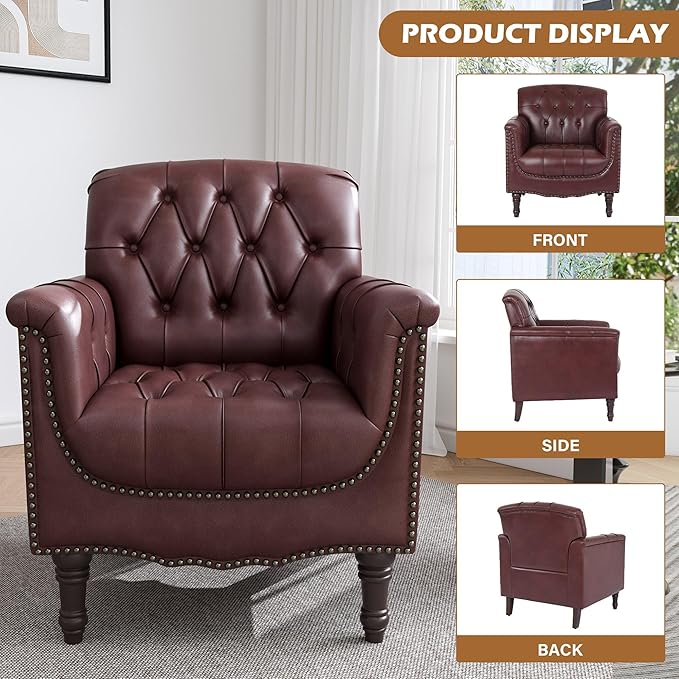 UIXE Faux Leather Accent Chair for Living Room, Tufted Arm Chair Retro Upholstered Club Armchair with Solid Wood Legs, Burgundy Red