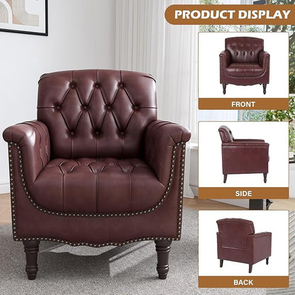 UIXE Faux Leather Accent Chair for Living Room, Tufted Arm Chair Retro Upholstered Club Armchair with Solid Wood Legs, Burgundy Red
