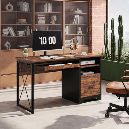Bestier 47" Computer Desk with Drawers, Home Office Desk with Keyboard Tray, Reversible Industrial Office Desk with Storage Cabinet for Small Space Home Office & Studio, Rustic Brown