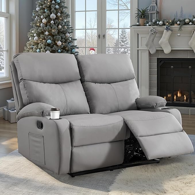 Manual Reclining Loveseat Anti-Scratch Loveseat Recliner Sofa with Side Pocket and Cupholders Wall Hugger 2 Seat Reclining Sofa Chair for RV Living Room Meeting Room Bedroom Apartment