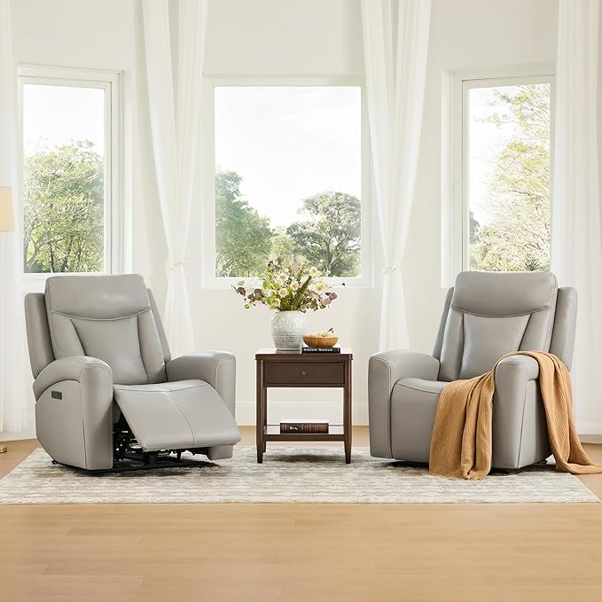 CHITA Genuine Leather Power Recliner Chair for Adults, Super Zero Gravity Recliner with Adjustable Power Headrest & USB/Type-C Ports, for Living Room, Bedroom & Home Theater, Light Gray