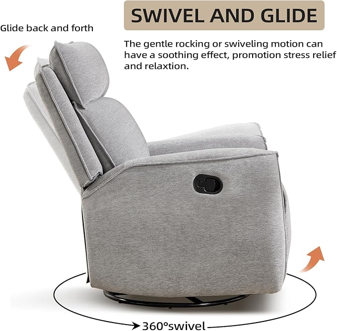 INZOY Nursing Rocking Chair Recliner, Swivel Rocker Recliner, Swivel Glider Rocking Recliners with Soft Backrest, Chenille Fabric Manual Reclining Sofa for Living Room Bedroom Apartment, Grey