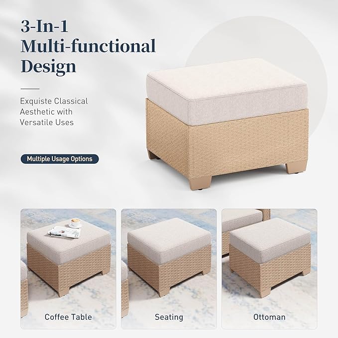 Patio Furniture Set 5 pcs, Wicker Rattan Sofa with 5.5" Thick Waterproof Cushions, 2 Chairs and Ottomans, All Weather Outdoor Conversation Set for Backyard Deck, 7 Seats Beige