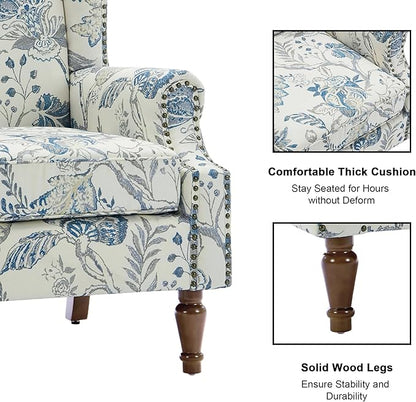 Accent Chair, Upholstered High Back Floral Armchair with Nailhead Trim & Wood Legs, Comfy Wingback Reading Single Sofa Chair for Small Spaces, Living Room, Bedroom ( Plants Blue Floral, Set of 1)