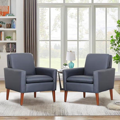 Lohoms Faux Leather Accent Chair for Living Room, Mid-Century Modern Comfy Reading Leisure Chairs for Bedroom, Upholstered Armchair for Apartment/Office/Waiting Room, Wood Legs, Dark Blue