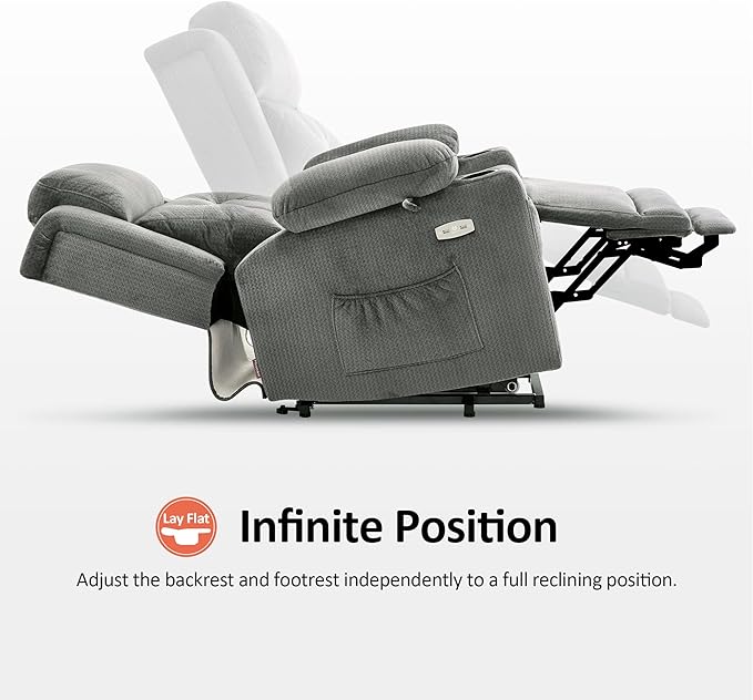 MCombo Small Triple Motor Power Lift Recliner Chair with Massage and Heat for Petite Elderly People, Adjustable Headrest, Infinite Position, USB Ports, Fabric 7664 (Grey, Small)