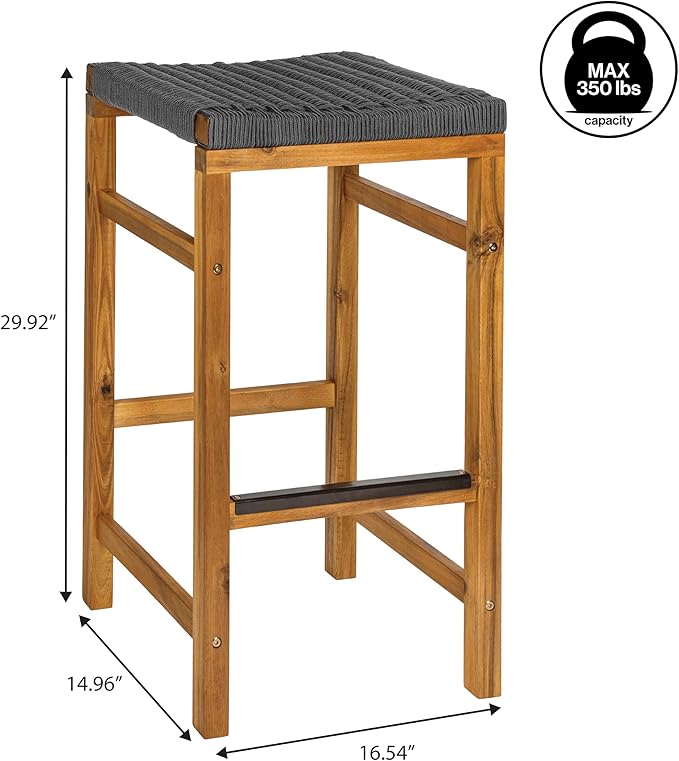JONATHAN Y BSL1201B-SET2 Armand 30" Modern Coastal Backless Acacia Wood Outdoor Bar Stool with Woven Rope Seat, for Pool, Deck, Poolside, Light Teak/Grey (Set of 2)