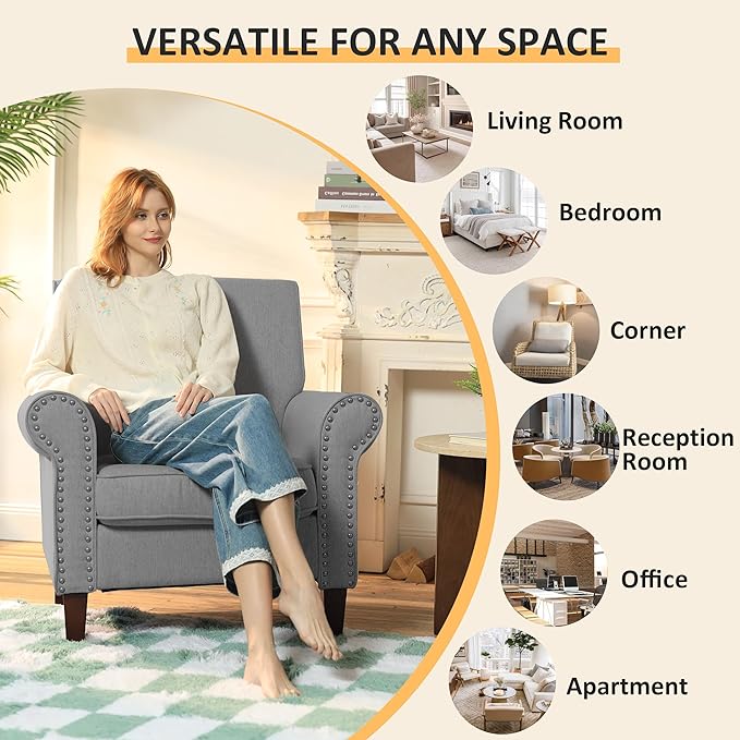 PrimeZone Comfy Accent Chair, Mid-Century Modern Fabric Living Room Chair Reading Chair with Soft Cushion, Nailhead Trim & Rolled Armrest, Arm Chair Sofa Chairs for Bedroom Waiting Room Office, Grey