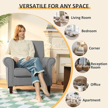 PrimeZone Comfy Accent Chair Set of 2, Mid-Century Modern Fabric Living Room Chair Reading Chair with Soft Cushion, Nailhead Trim & Rolled Armrest, Arm Chair Sofa Chair for Bedroom Waiting Room,Grey