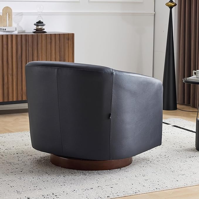 AEDI Genuine Leather Swivel Accent Chair with Solid Wood Base, Upholstered Barrel Armchair for Living Room, Modern Small Club Chair,Dark Blue