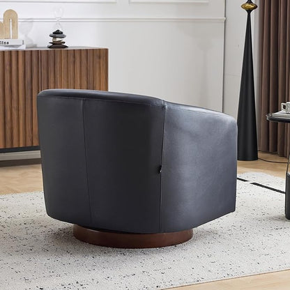 AEDI Genuine Leather Swivel Accent Chair with Solid Wood Base, Upholstered Barrel Armchair for Living Room, Modern Small Club Chair,Dark Blue