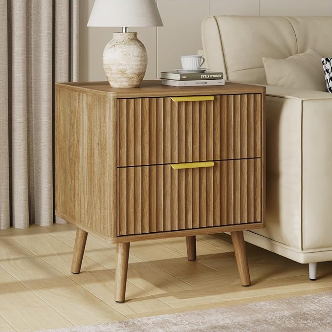 LYNSOM Fluted Dresser and Nightstand Sets 2 Piece, 2-Drawer Nightstands and 6-Drawers Dresser, Wood Bedroom Furniture Set for Home, Bedroom, Hallway, Natural Oak