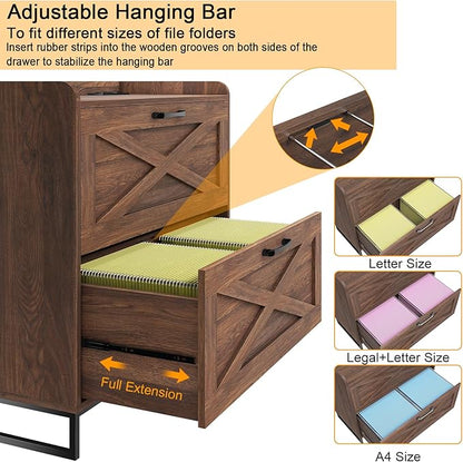 File Cabinet 2 Drawers Lateral File Cabinet with Charging Station for Letter/Legal/A4 Size Hanging Files, Large Wood File Storage Cabinets Printer Stand for Home Office, Dark Walnut