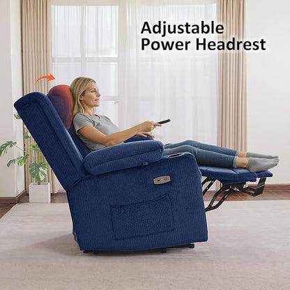 MCombo Large Triple Motor Power Lift Recliner Chair with Massage and Heat for Elderly People, Adjustable Headrest, Infinite Position, USB Ports, Fabric 7662 (Navy Blue, Large)