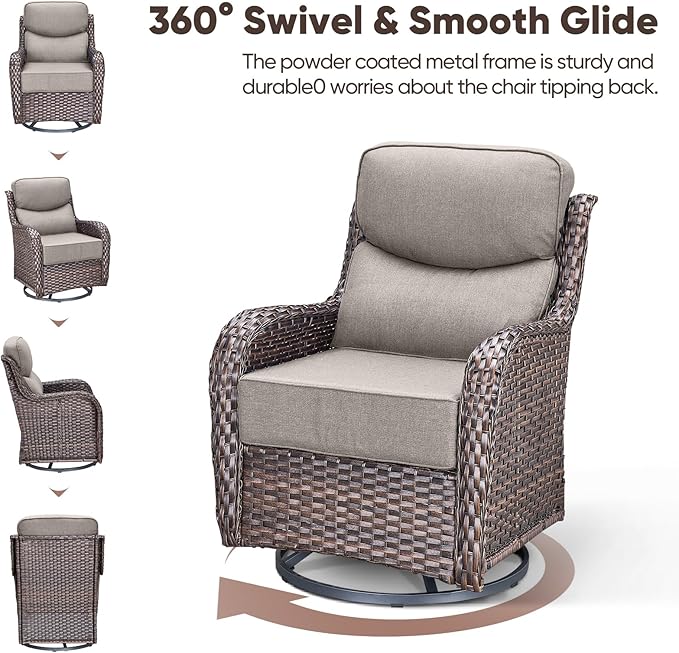 Swivel Patio Chairs sofa Set of 4 with 6" Thick Cushion - Wicker Outdoor Swivel Rocker Patio Chair with Side Table, High Back Comfortable Outdoor Glider Chairs - Brown Wicker | Grey Cushions