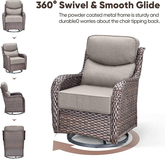 Swivel Patio Chairs sofa Set of 4 with 6" Thick Cushion - Wicker Outdoor Swivel Rocker Patio Chair with Side Table, High Back Comfortable Outdoor Glider Chairs - Brown Wicker | Grey Cushions