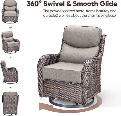 Swivel Patio Chairs sofa Set of 5 with 6" Thick Cushion - Wicker Outdoor Swivel Rocker Patio Chair with Side Table, High Back Comfortable Outdoor Glider Chairs - Brown Wicker | Grey Cushions