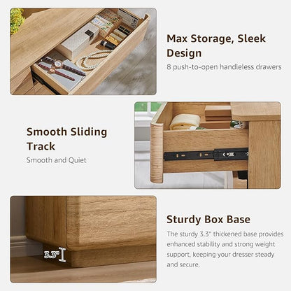 ACCOHOHO Modern Bedroom Set, 3 Pieces Bedroom Furniture Set, Wood 8 Drawer Dresser and Nightstands Set of 2, Chest of Drawers Wide Storage Organizer Cabinet for Bedroom, Natural Oak