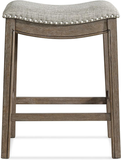 ROME + OAK Parker 26 Inch Counter Stool, Backless Saddle Kitchen Barstool in Walnut Finish with Grey Fabric Upholstery Cushion Seat