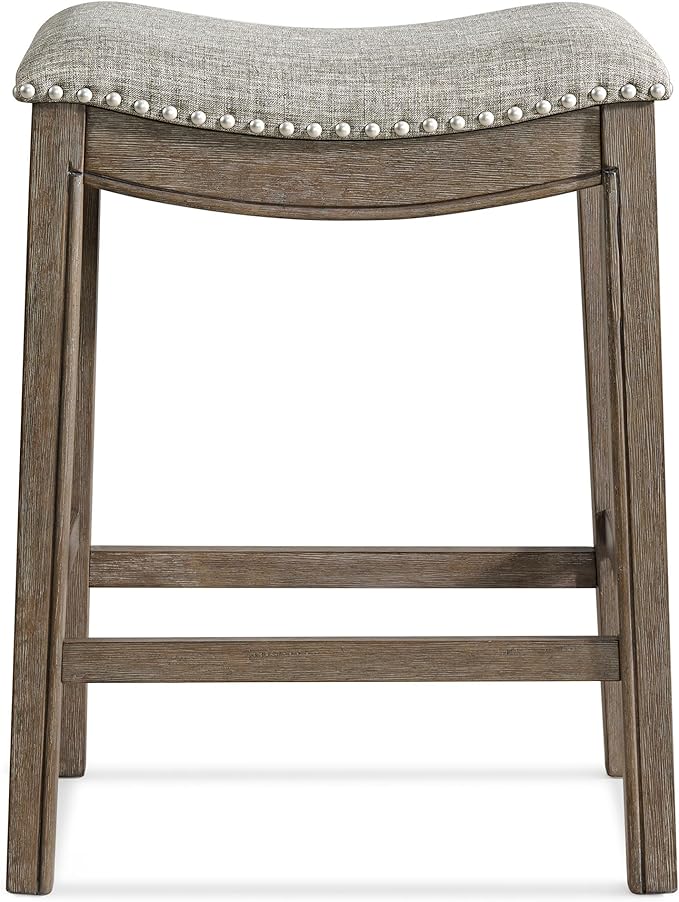 ROME + OAK Set of 4 Parker 26 Inch Counter Stool, Backless Saddle Kitchen Barstool in Walnut Finish with Grey Fabric Upholstery Cushion Seat