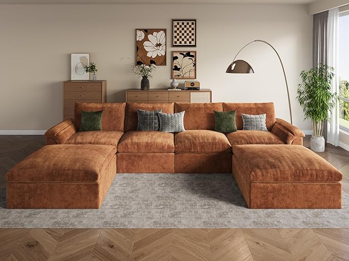 EASE MOOSE Boneless Modular Cloud Couch, U-Shaped Oversized Sectional Sofa for Living Room with Ottoman, Extra Large Movable Couches, 6-Deep-Seat Sofas for Bedroom, Apartment, Chenille (Brown)