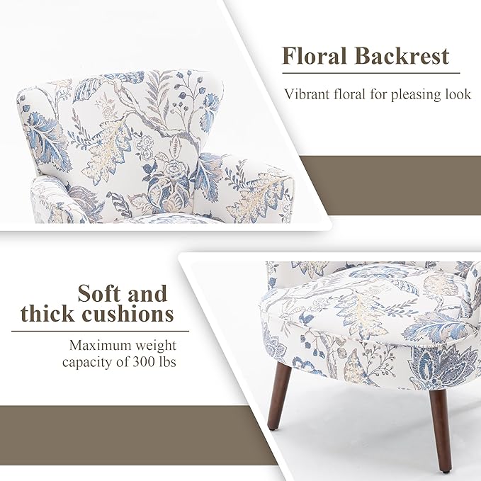 Floral Accent Chair, Upholstered Living Room Chairs with Solid Wood Legs, Mid Century Modern Velvet High Back Armchair for Living Room, Bedroom, Blue