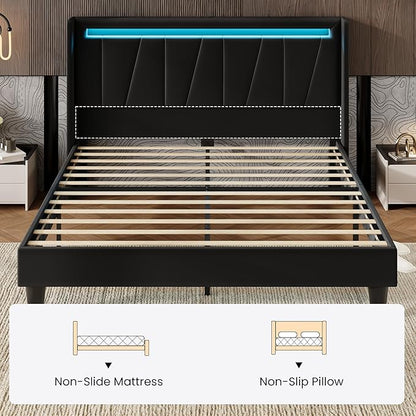 SHA CERLIN Queen Bed Frame with Charging Station and LED Lights, Modern Velvet Platform Bed with Upholstered Geometric Wingback Headboard, No Box Spring Needed, Easy Assembly, Black