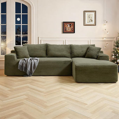 95 Inch Cloud Sectional Couch,Modular Sectional Sofa with Deep Seat,Modern Corduroy Boneless Couches with L-Shape Chaise for Living Room Bedroom,No Assembly Required (Green, Right Facing Chaise)