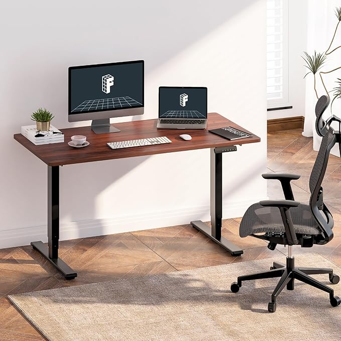 FLEXISPOT E6 3 Stages Dual Motor Electric Standing Desk 48x24 Inch Whole-Piece Board Height Adjustable Desk Electric Sit Stand Desk(Black Frame + Mahogany Desktop, 2 Packages)