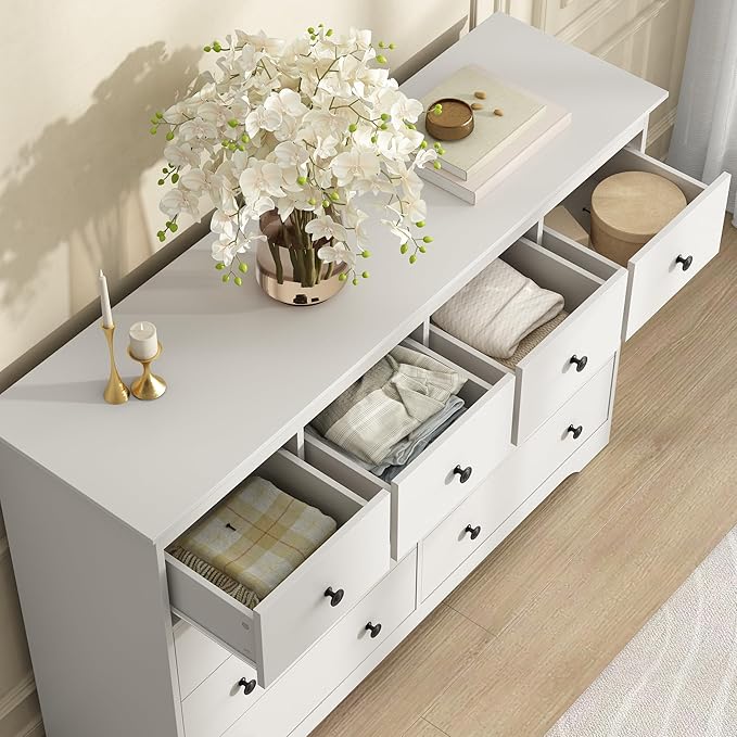 White Dresser for Bedroom, 10 Drawer Dresser with Large Drawers, 55 Inch Wide Wood Chest for Living Room, Hallway