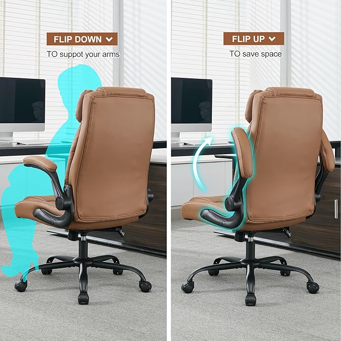 Office Desk Chair,Ergonomic Conference Room Chairs,Mid Back Executive Leather Chair,Comfy Computer Desk Chairs with Adjustable Flip-Up Arms and Rocking Function (Brown)