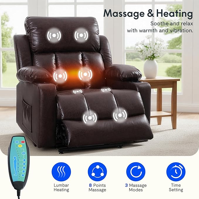 FLEXISPOT XL31-XL Oversized Power Lift Recliner Chair for Elderly, 27.4" Extra Wide Lay Flat Lift Chair with Massage & Heat, Dual Motor Electric Reclining Sofa for Big and Tall(Oversized, Pecan)