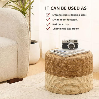 Wimarsbon Round Pouf Ottoman, Natural Hand Knitted Footrest Poof, Rustic Lounge Pouffe, Boho Pous Foot Stool, Accent Table or Seat (Natural Cattail, 15.7 * 15.7 * 11.8)