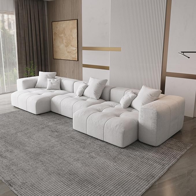 WJShome 144" Sectional Couches for Living Room,Modular Sectional Sofa, U Shaped Couch, Linen Deep Seat Cloud Couches with Pillow for Living Room,White
