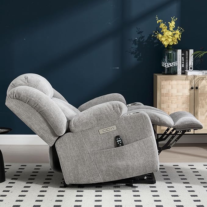 Power Lift Recliner Chair, USB/Type-C Ports & Cup Holders, Heavy Duty Chenille Recliner for Elderly, Light Grey