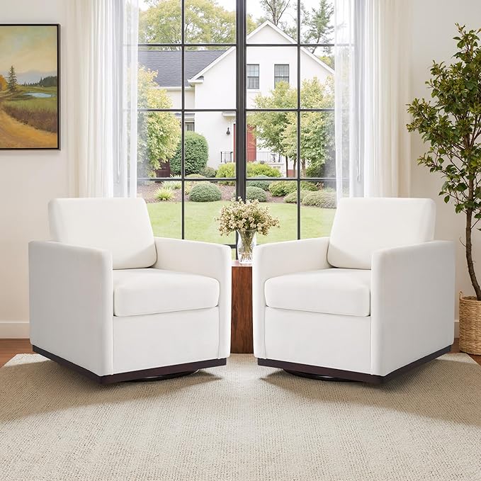 UIXE Swivel Accent Chairs Set of 2, Chenille Upholstered Armchair Comfy Club Chair for Living Room, Mid Century Modern Arm Chair Single Sofa Nook Bedroom Side Reading Seat - Beige