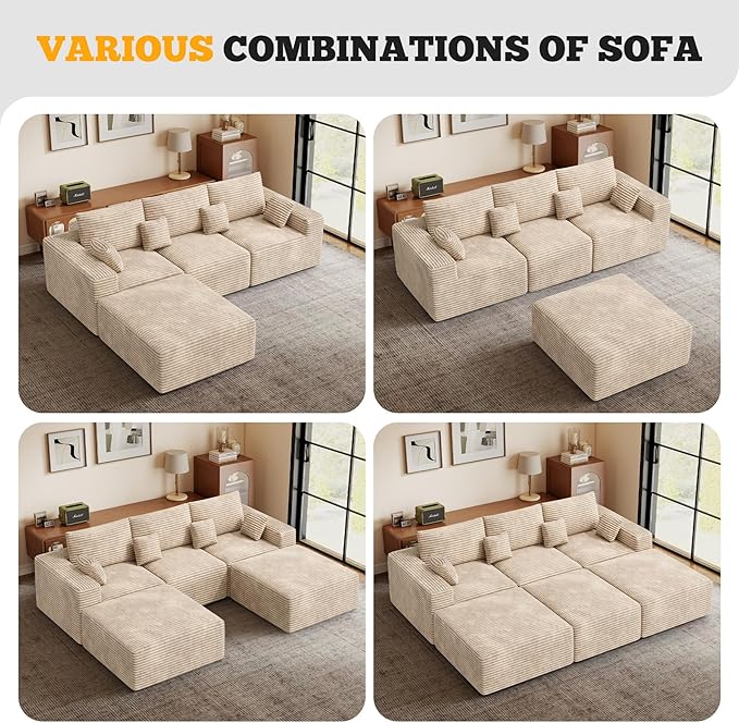 113" Modular Sectional Sofa Bed, Convertible Cloud Couches for Living Room with Ottoman, 6 Seater Corduroy Boneless Couch Sleeper Sofa Set, No Assembly Required, Khaki 1 PCS