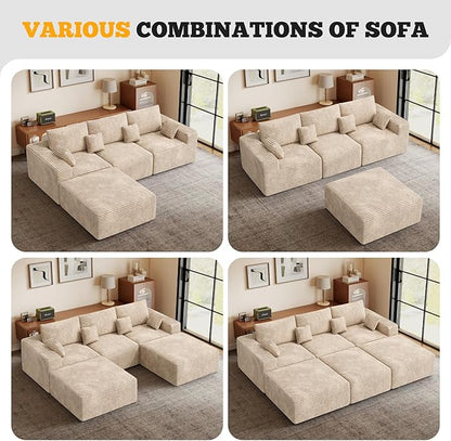 113" Modular Sectional Sofa, Convertible U-Shaped Cloud Couches for Living Room with Ottoman, 5 Seater Corduroy Boneless Couch Sofa Set, No Assembly Required, Khaki 1 PCS