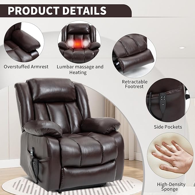 Recliner Chairs for Adults, Power Lift Chair for Elderly, Oversized Bedroom Chair with Massage&Heat, Leather Nursery Glider Chair for Living Room, Sofa Chair Home Theater Seating with Lumbar Support
