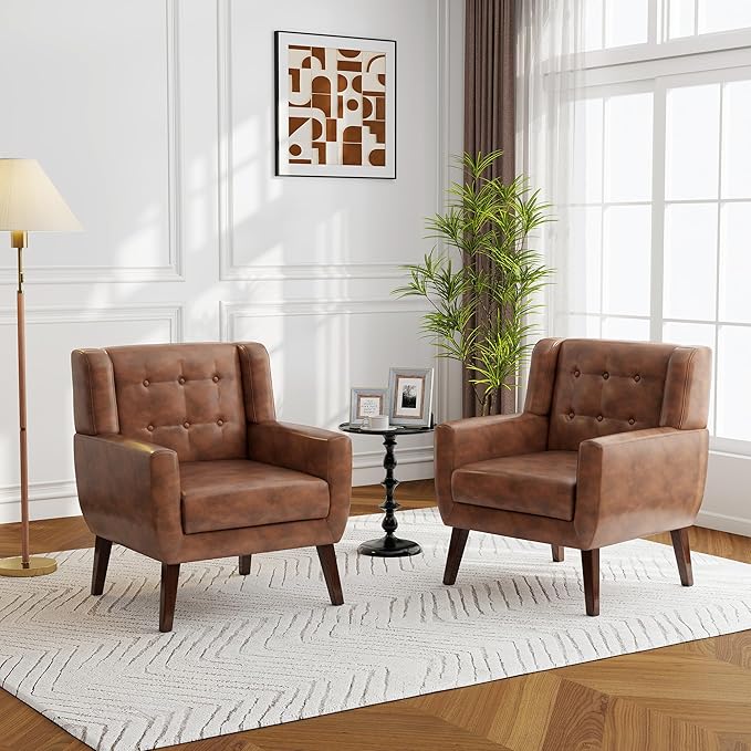 Accent Chairs Set of 2, Modern Faux Leather Armchairs for Living Room, Comfy Upholstered Arm Chairs Tufted for Indoor Bedroom Office Room (P Coffee)