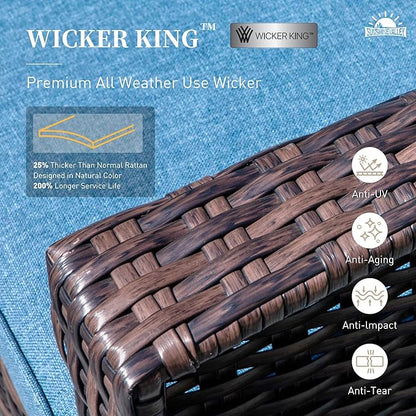Patio Wicker Swivel Chairs Set of 2, Outdoor High Back Chairs with 5.5" Waterproof Cushions and Side Table, Outdoor Furniture Set for Deck Porch and Yard, Peacock Blue