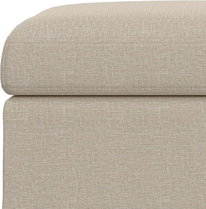 SIMPLIHOME Owen 36 inch Wide Mid Century Modern Square Coffee Table Storage Ottoman in Natural Polyester Fabric, Assembled, for the Living Room, Entryway and Family Room