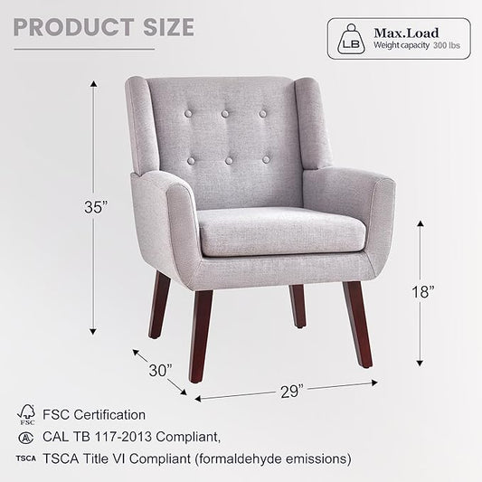 HUIMO Button-Tufted Accent Chairs Set of 2,Upholstered Reading Living Room Chair,Mid Century Modern Chair with Linen Fabric, Club Chair,Comfy Arm Chairs for Living Room,Bedroom,Light Grey